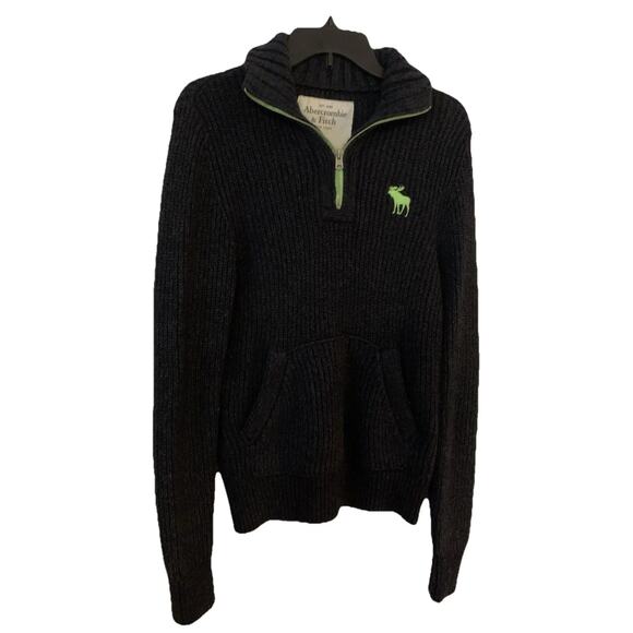 Y2k Abercrombie Fitch 1/2 Zip Sweater Slim L Fisherman Pullover Gray Green Logo - Picture 3 of 11